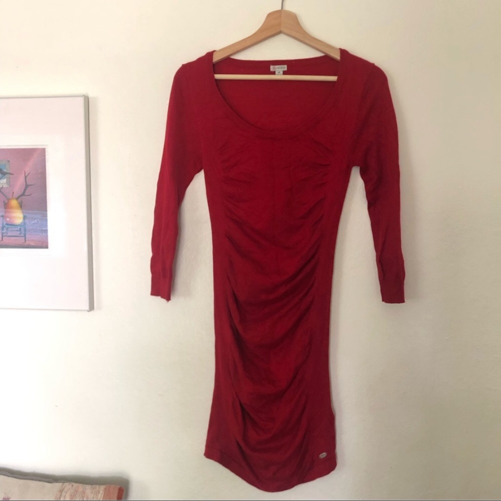 Guess Rouched Long Sleeve Dress in Red Size Small